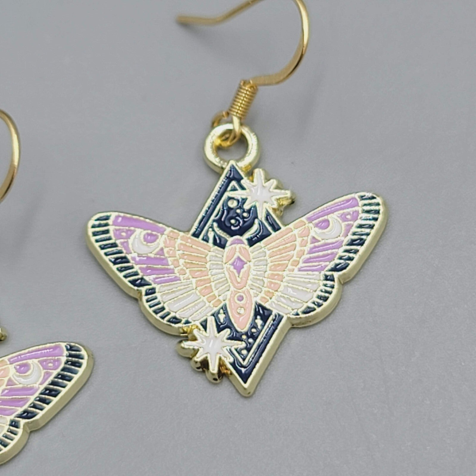 Purple Moon Moth Enamel Pierced Earrings Gold tone Dangle Butterfly 7/8"