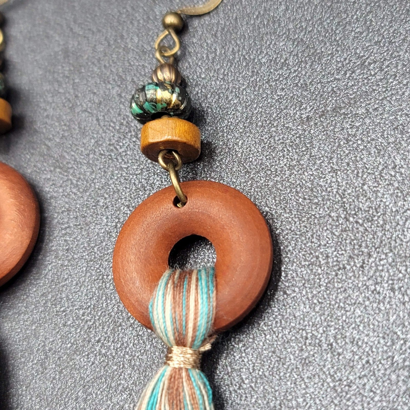 New Boho Pierced Earrings Wood Ring Blue White Tassel Beaded Dangle 2.75"