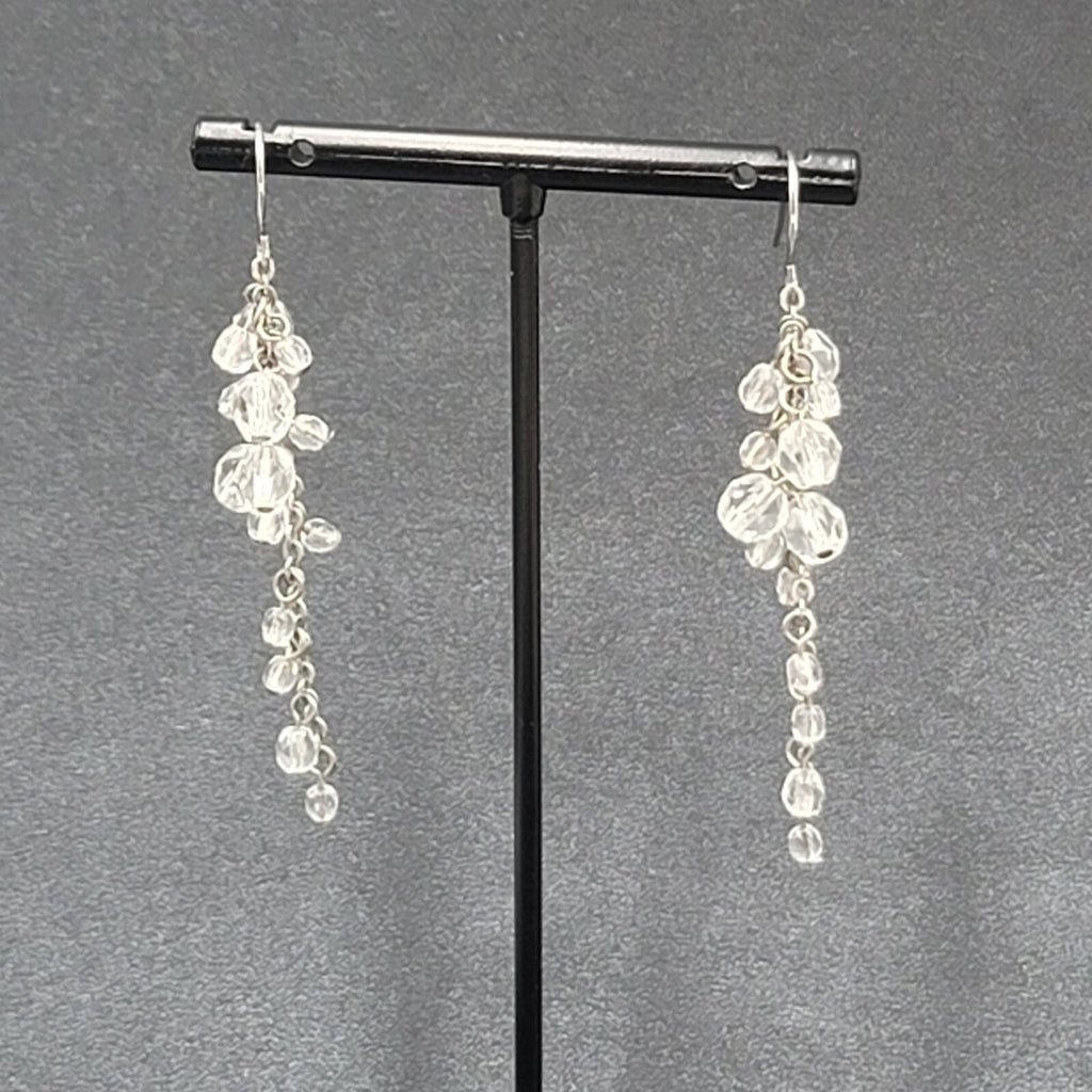 Pierced Earrings Silver tone Clear Bead Cluster Dangle 2.25"
