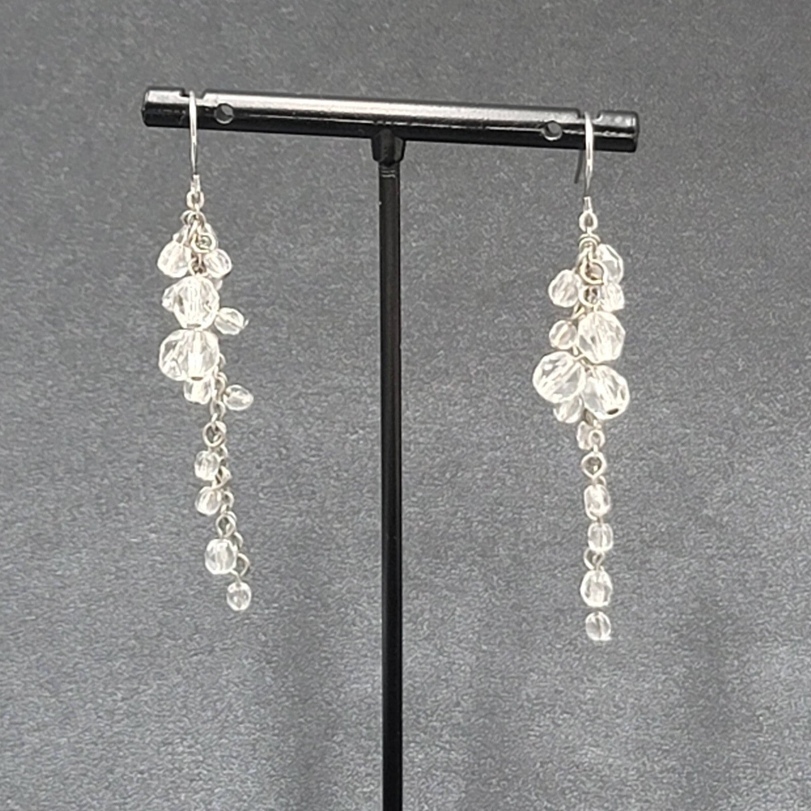 Pierced Earrings Silver tone Clear Bead Cluster Dangle 2.25"
