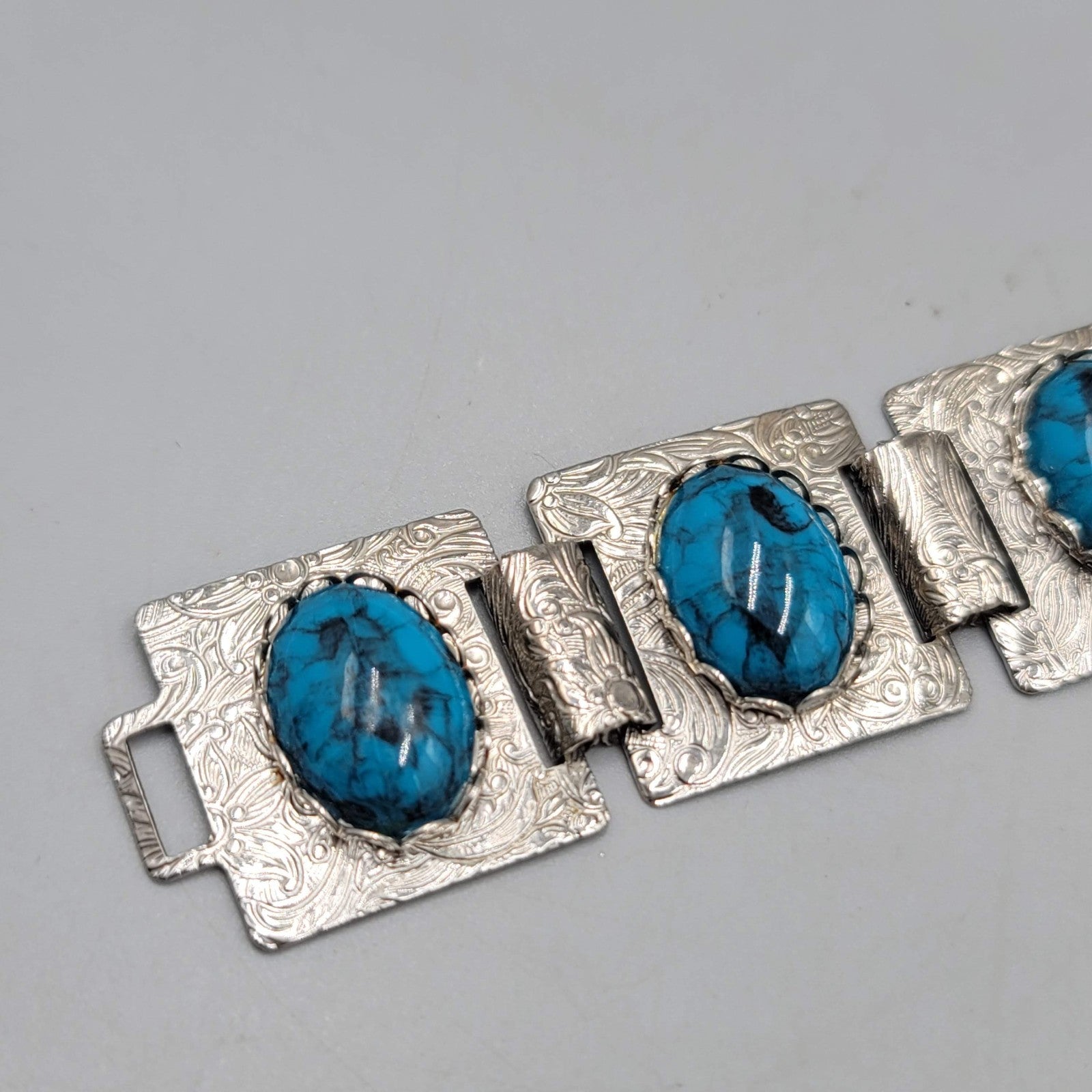 Vintage Panel Bracelet Silver tone Blue Black Cabochon 6.5 in