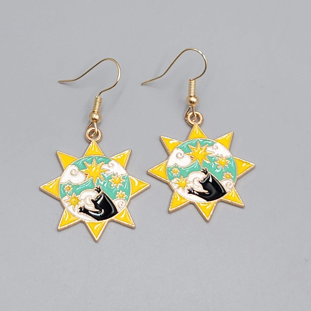 Kitty Cat in the Sun Enamel Pierced Earrings Gold tone Dangle 1 1/8"
