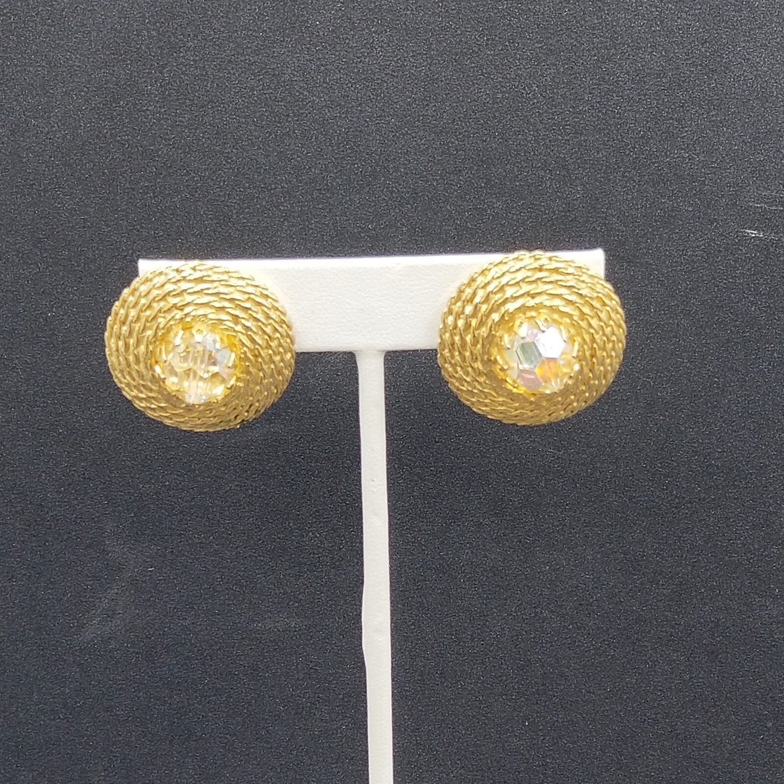 Vintage Clip On Earrings Gold tone Rhinestone Rope Stud 1 1/8"