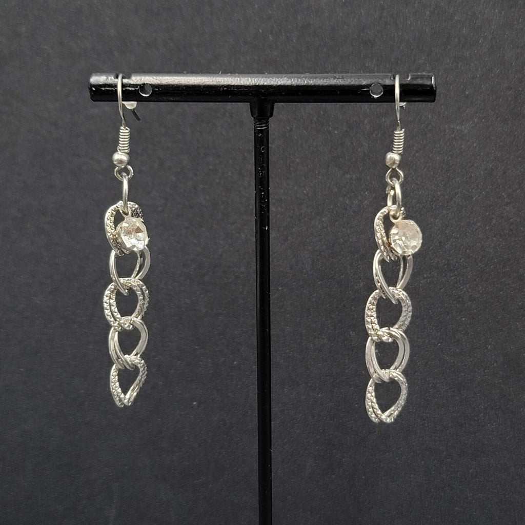 Pierced Earrings Hammered Dangle Chains Rhinestone 1.75"