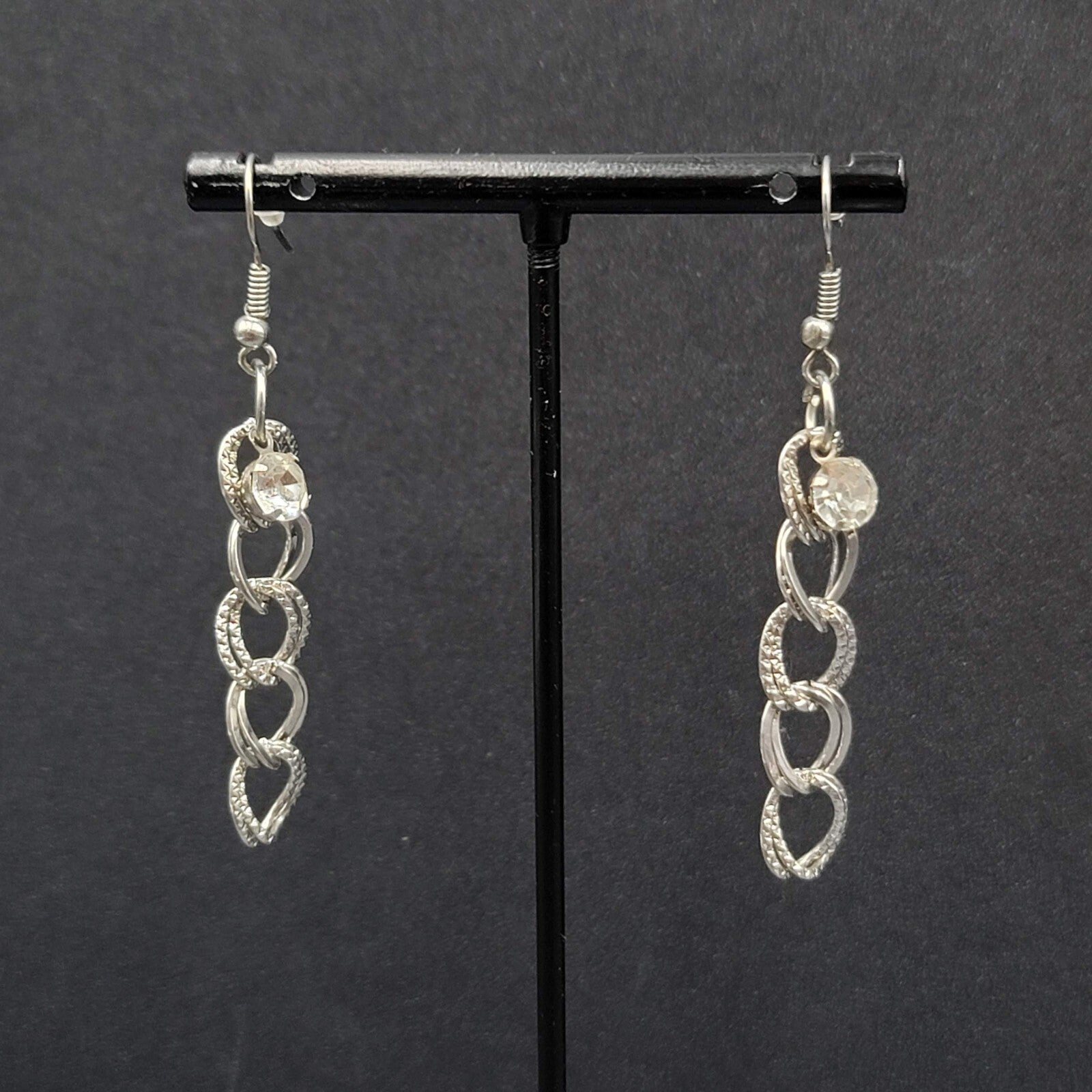 Pierced Earrings Hammered Dangle Chains Rhinestone 1.75"
