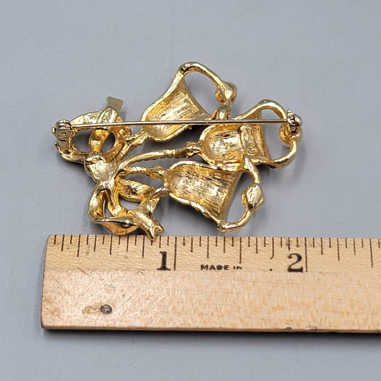 Vintage Premier Christmas Bells Brooch Gold tone Faux Pearl 2"
