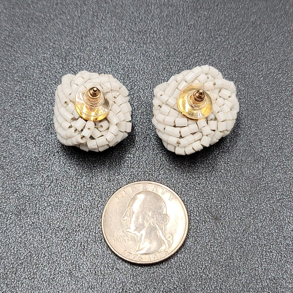 Vintage Pierced Earrings White Seed Beads Knot Estate Jewelry 1"