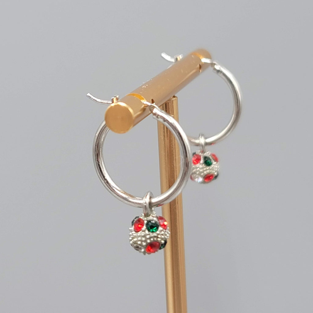 Christmas Red Green Crystal Pierced Earrings Silver tone Dangle Hoops 1 in