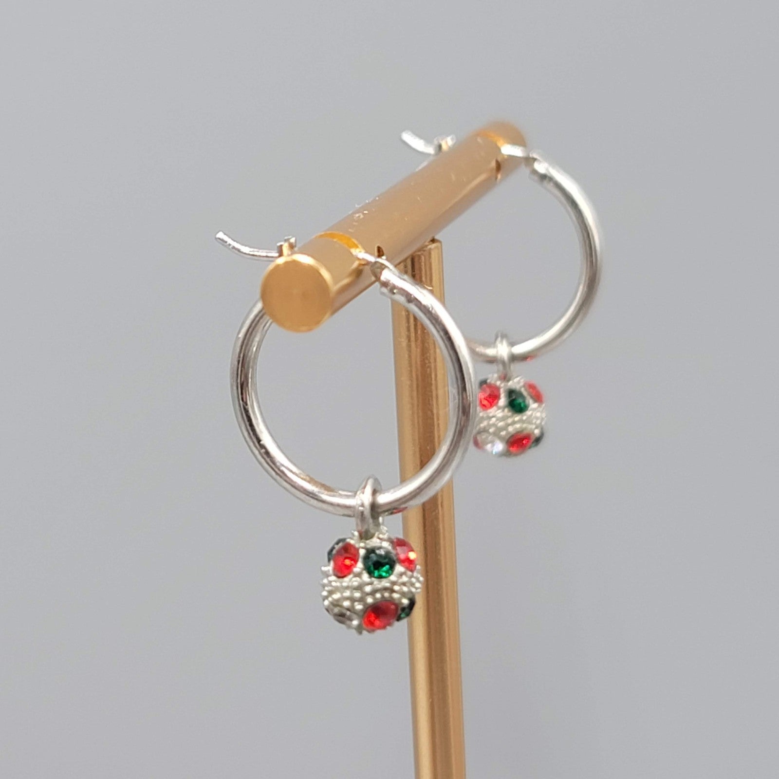 Christmas Red Green Crystal Pierced Earrings Silver tone Dangle Hoops 1 in