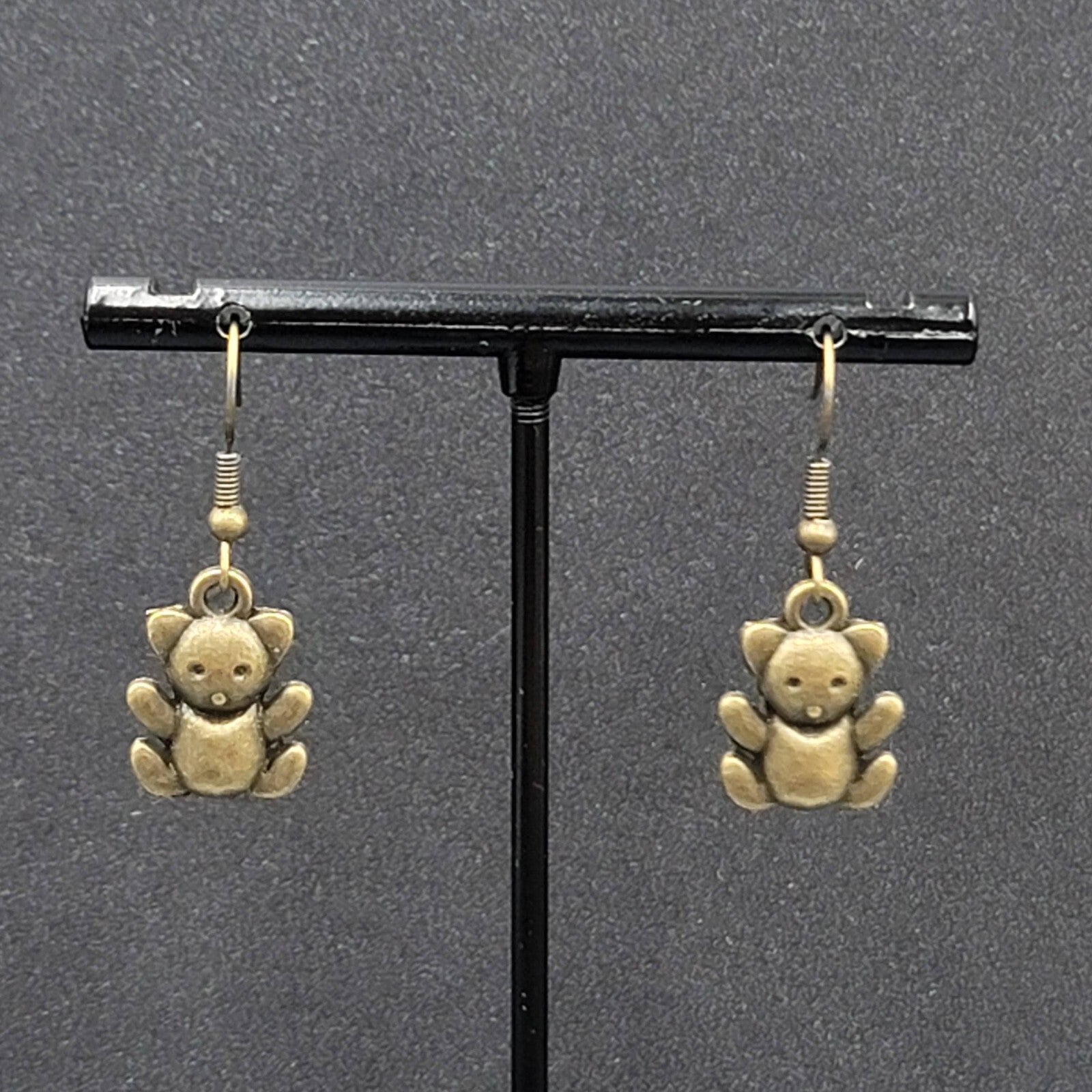Teddy Bear Pierced Earrings Bronze tone Embossed Dangle New 3/4"
