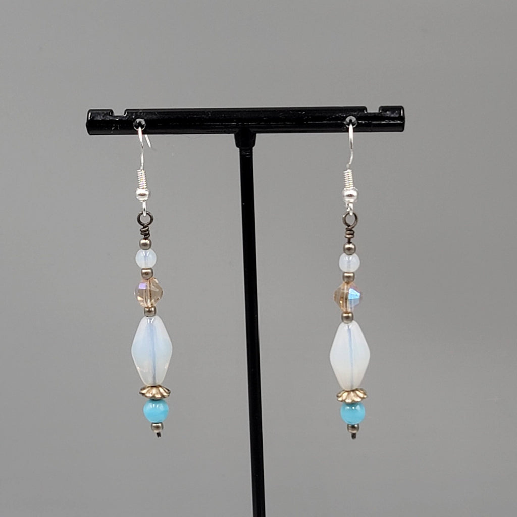 Sterling Silver Pierced Earrings Blue Iridescent Bead Dangle 1.75"