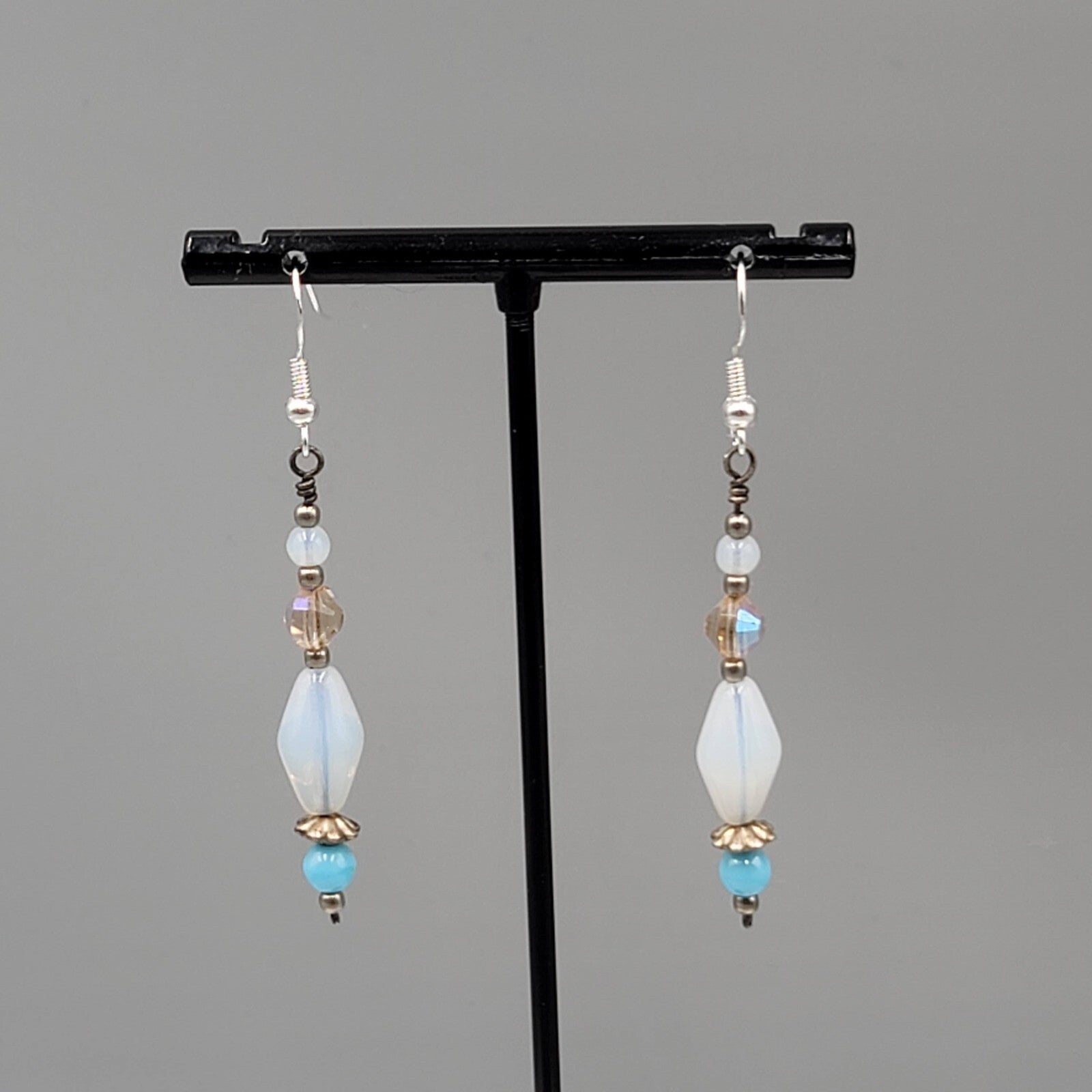 Sterling Silver Pierced Earrings Blue Iridescent Bead Dangle 1.75"