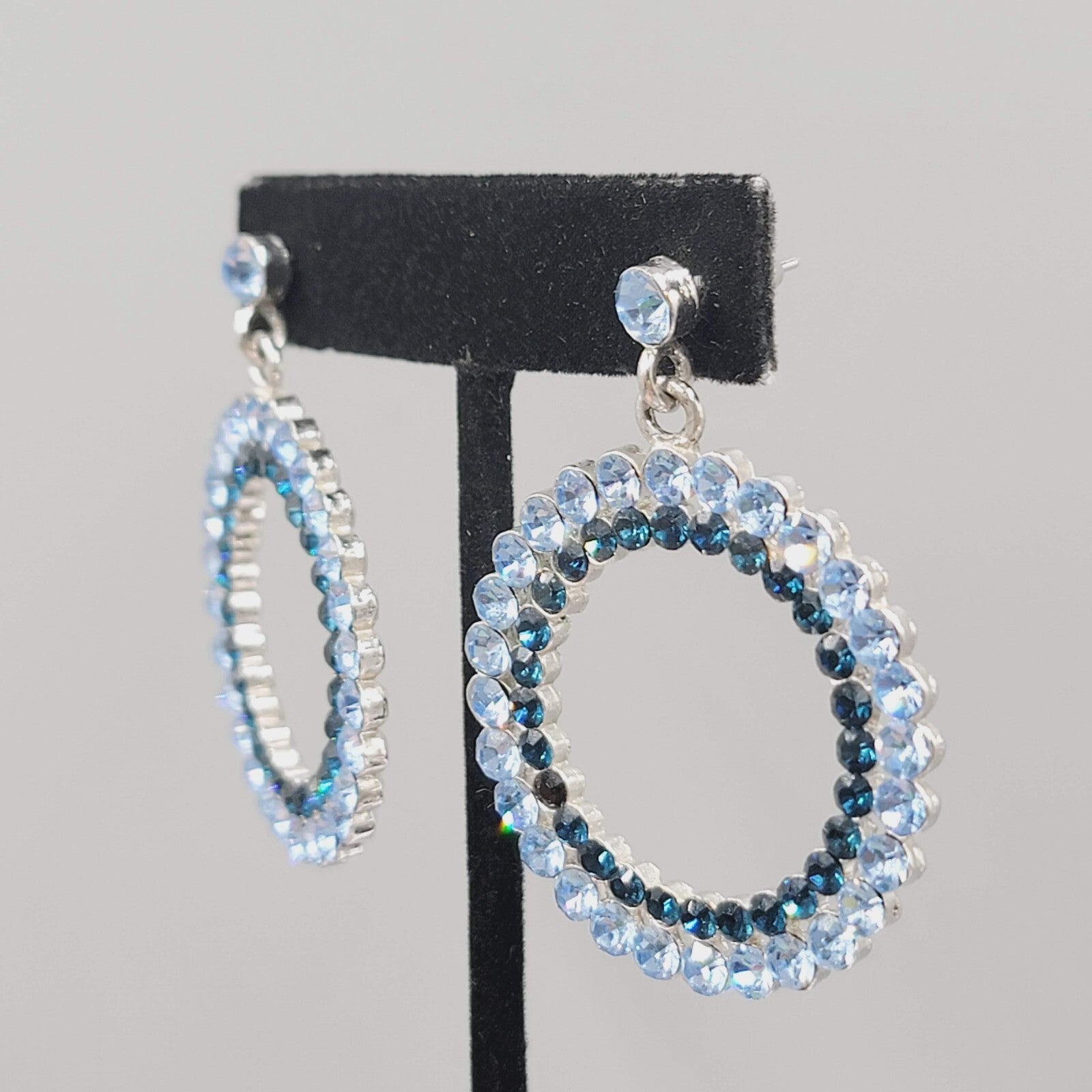 Blue Rhinestone Pierced Earrings Silver tone Open Circle Dangle 1 5/8"