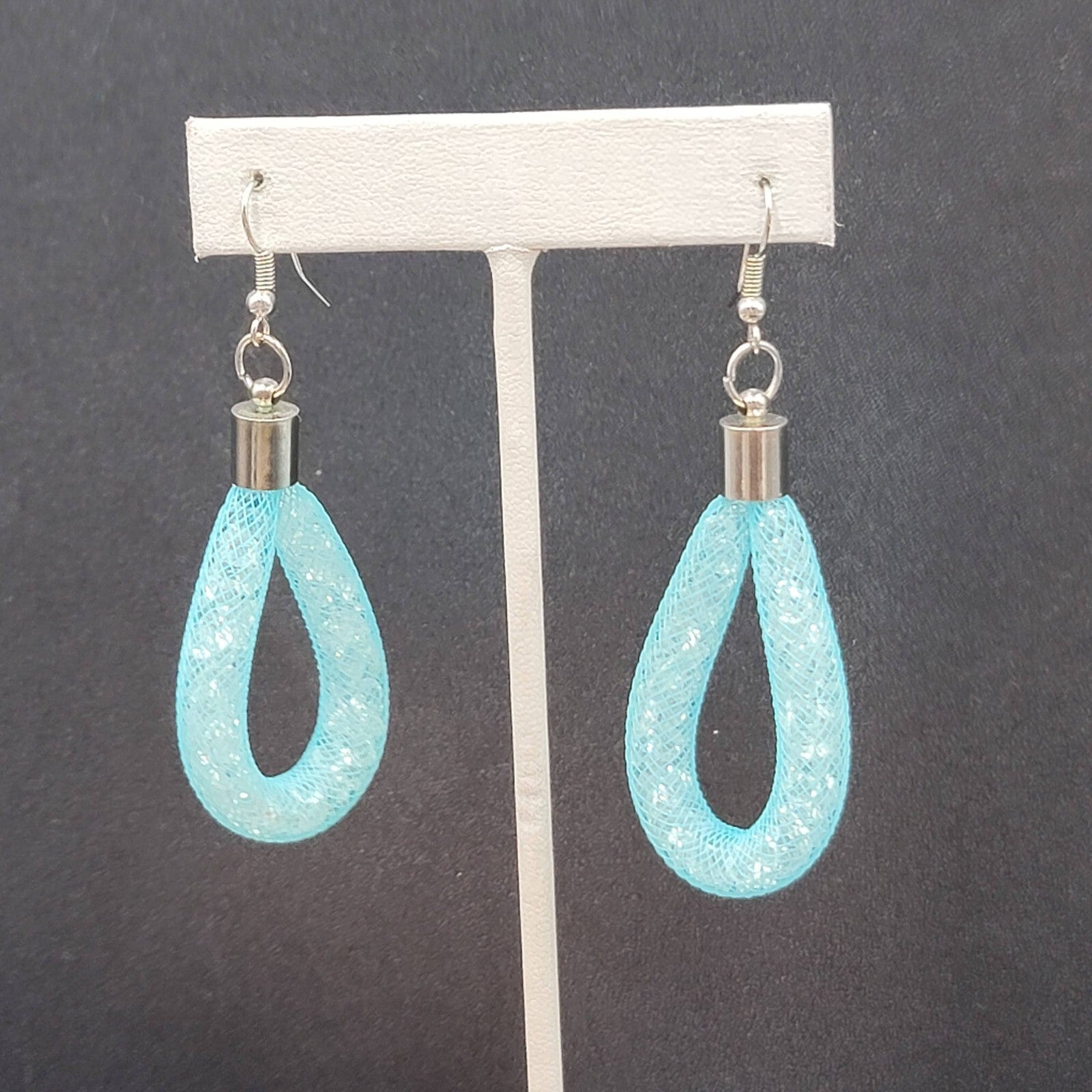 Pierced Earrings Silver tone Blue Knit Acrylic Crystals Dangle 2.25"