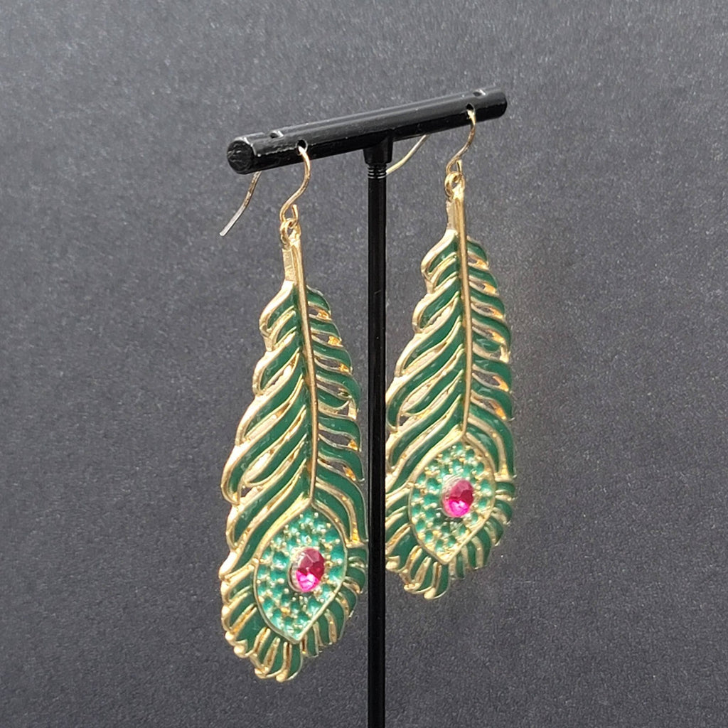 Metal Feather Pierced Earrings Green Enamel Pink Rhinestone Large Dangle 2 5/8"