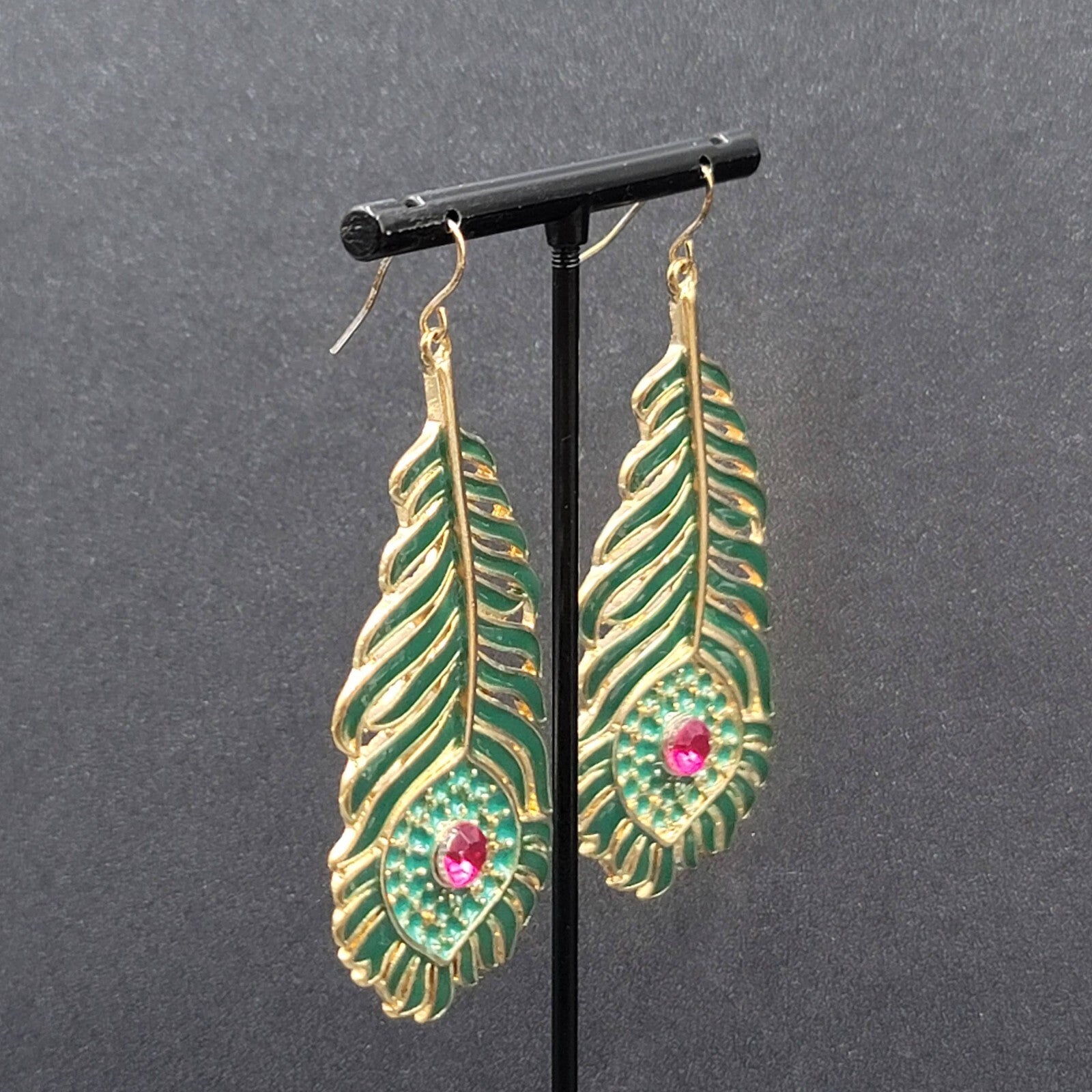 Metal Feather Pierced Earrings Green Enamel Pink Rhinestone Large Dangle 2 5/8"