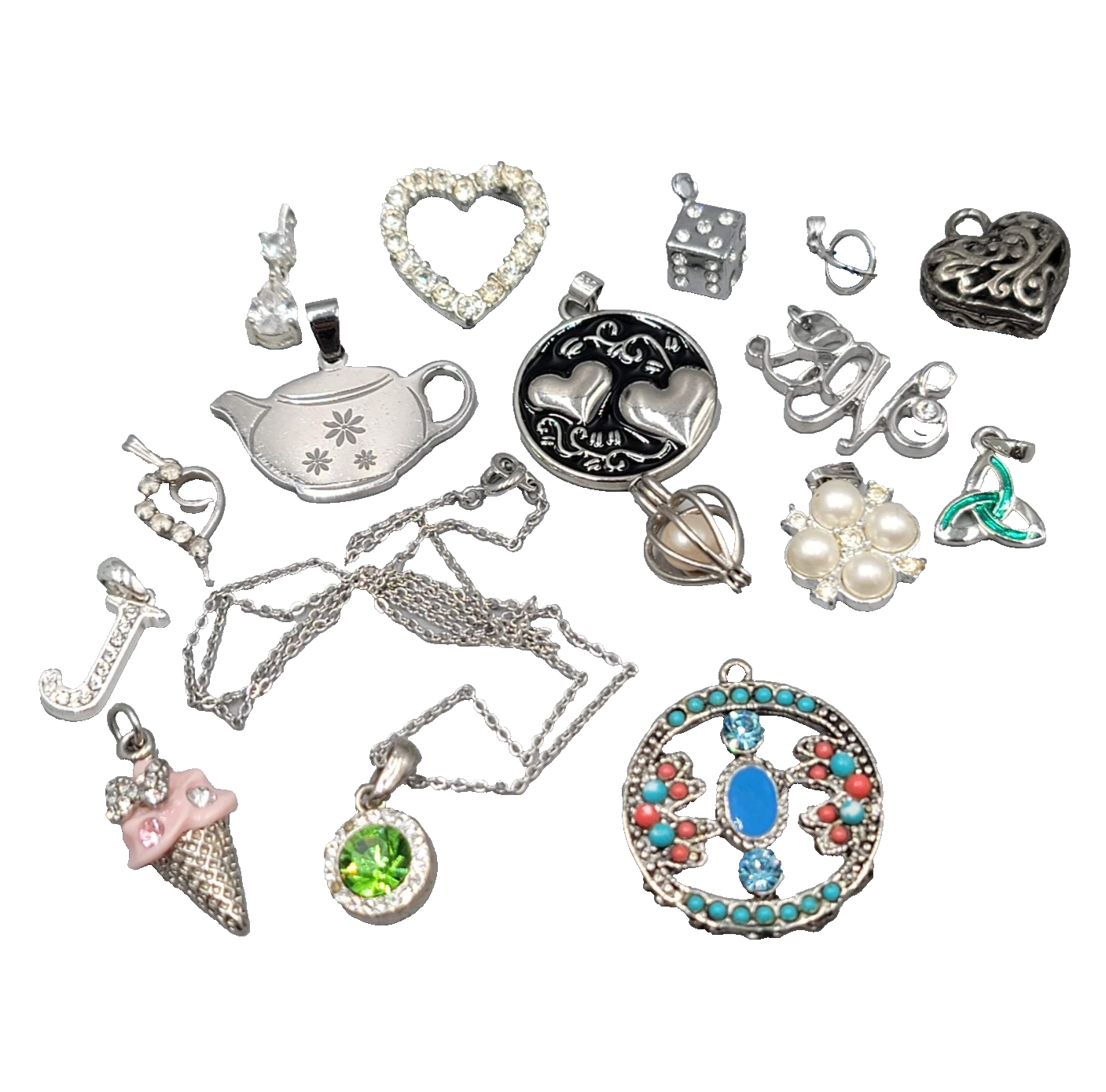 All Silver tone Pendant Lot of 16 Various Styles One Chain Included
