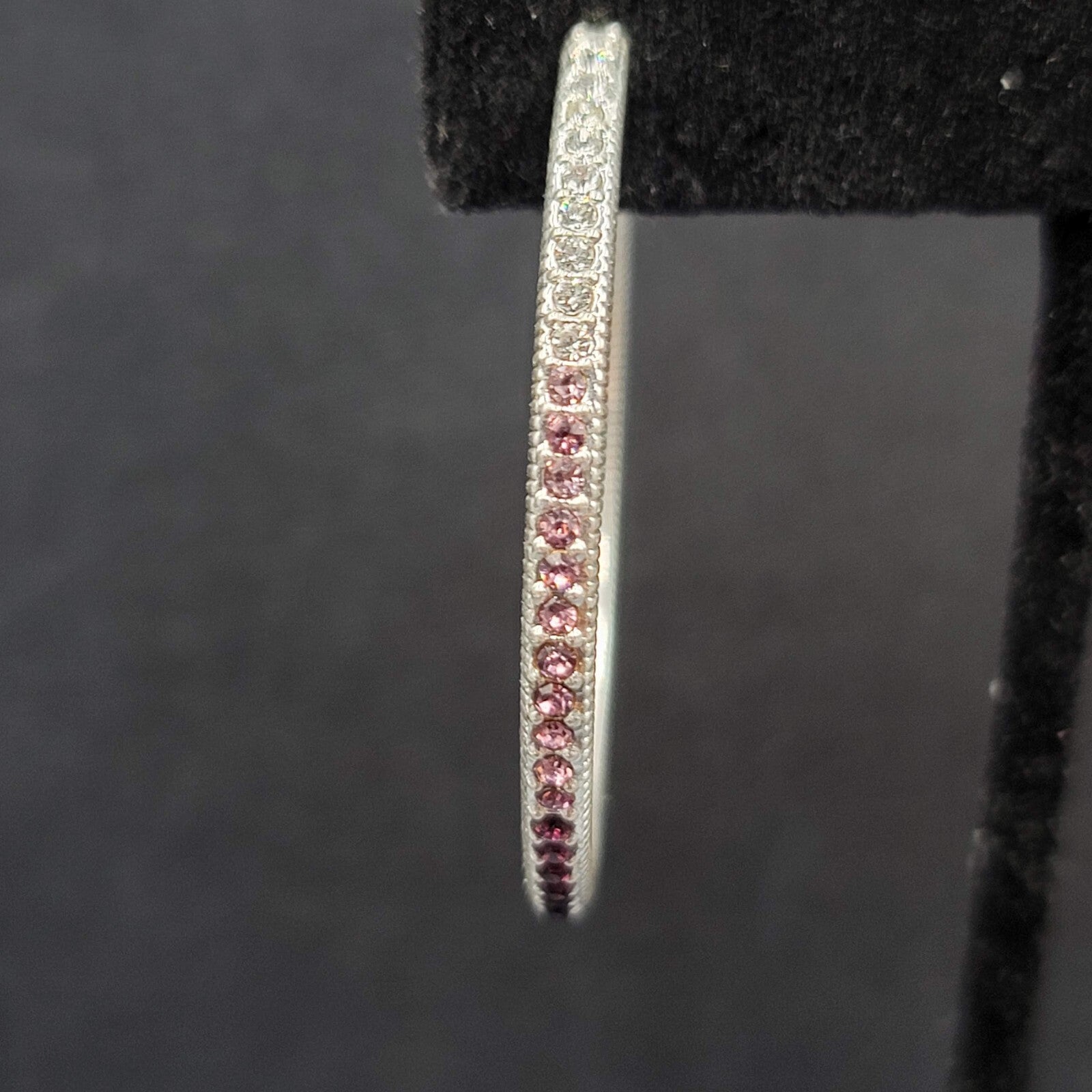 Pierced Earrings Silver tone Gradated Purple Rhinestone Hoops 1.75"