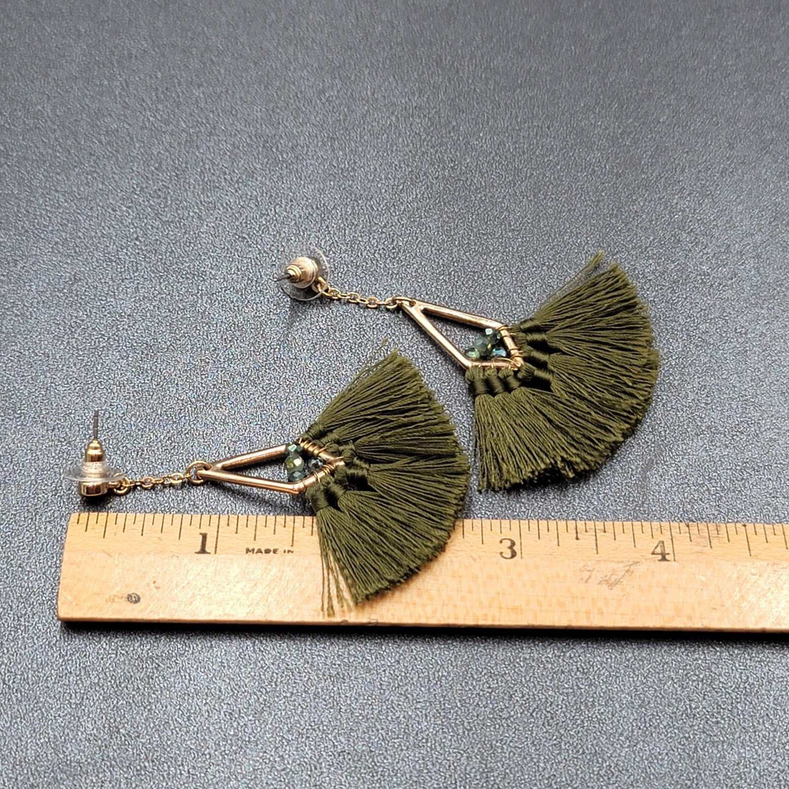 Pierced Earrings Gold tone Green Rhinestone Tassel Dangle 3"