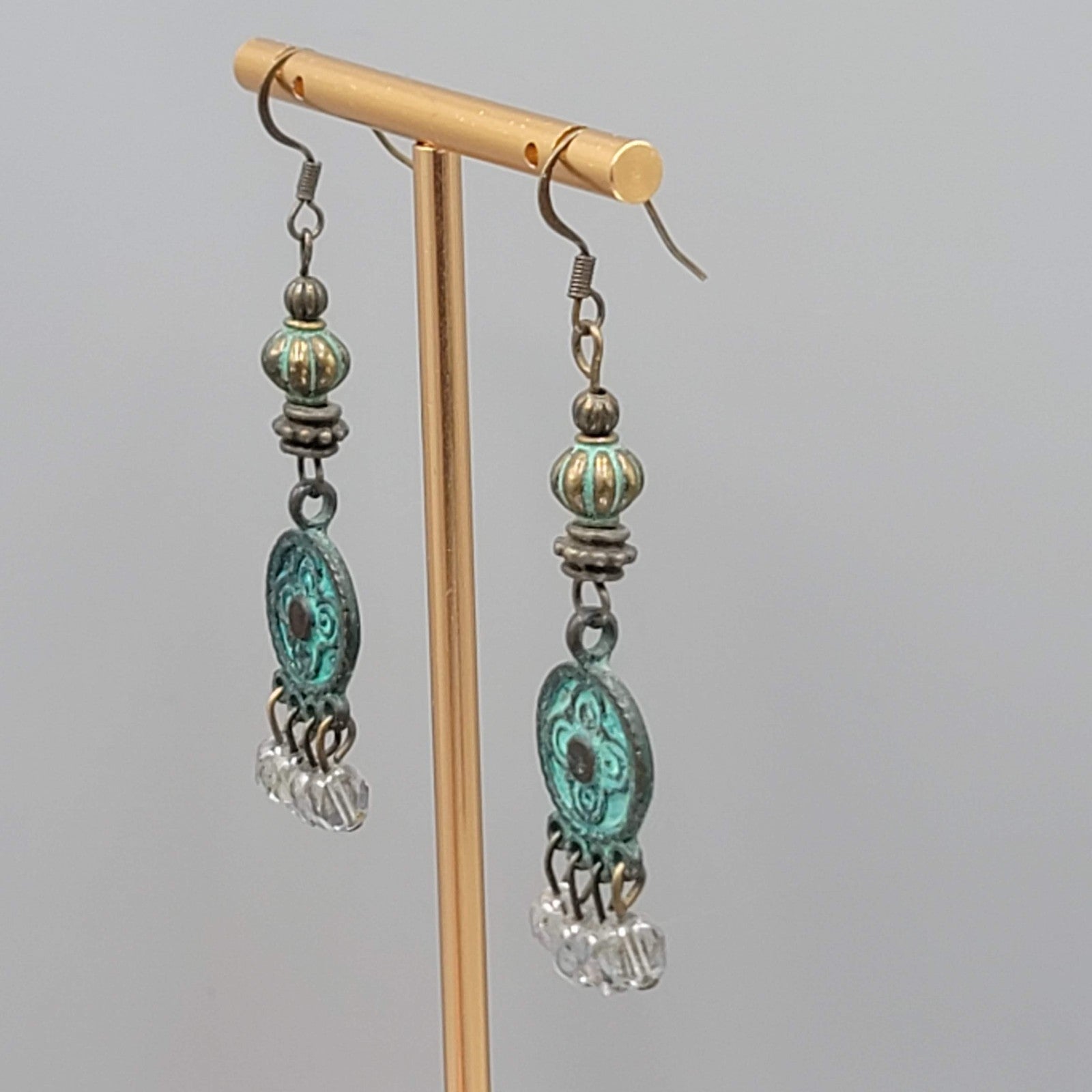 Green Bronze tone Chandelier Dangle Pierced Earrings 2"