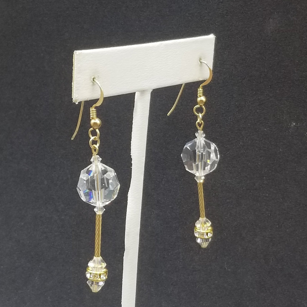 Pierced Earrings Gold tone Faceted Crystal Bead Statement Dangle 1 1/2". 4951