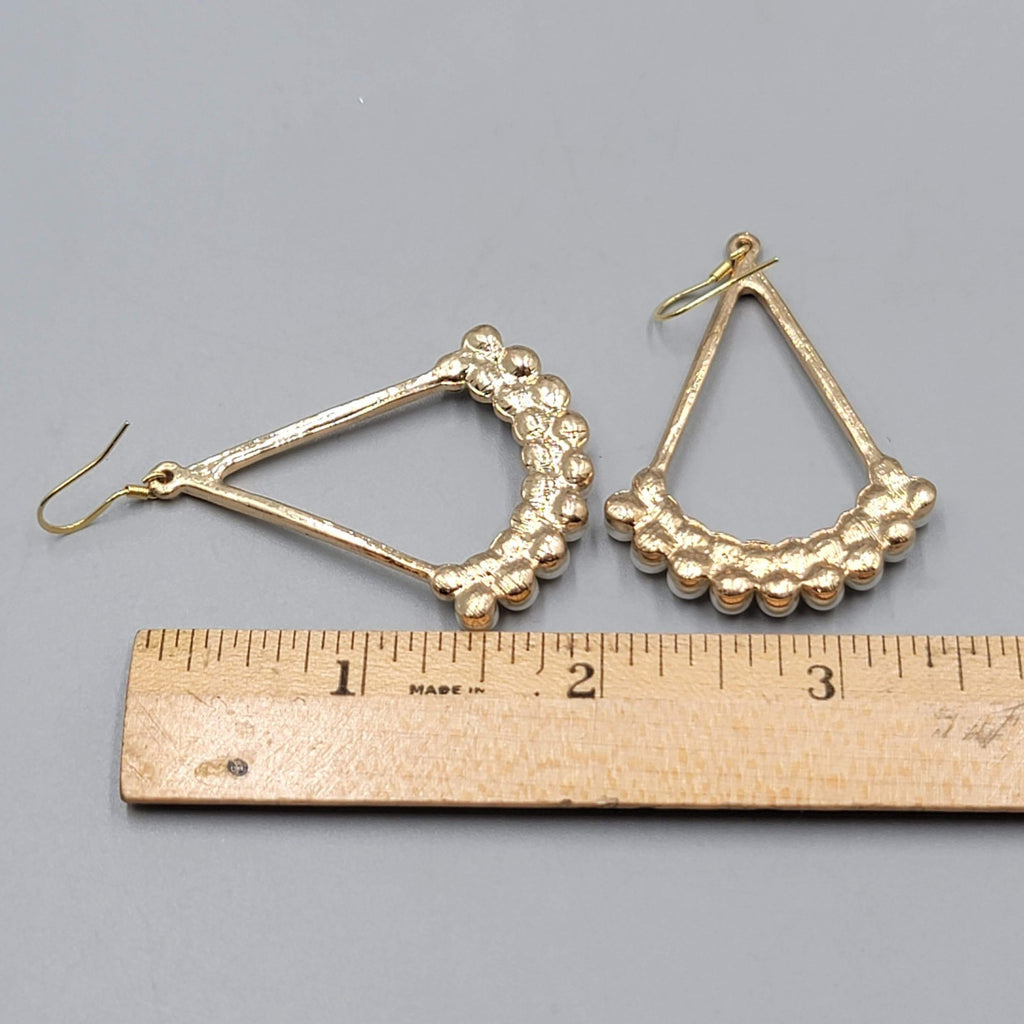 Open Triangle Faux Pearl Rhinestone Pierced Earrings Gold tone Dangle  2"