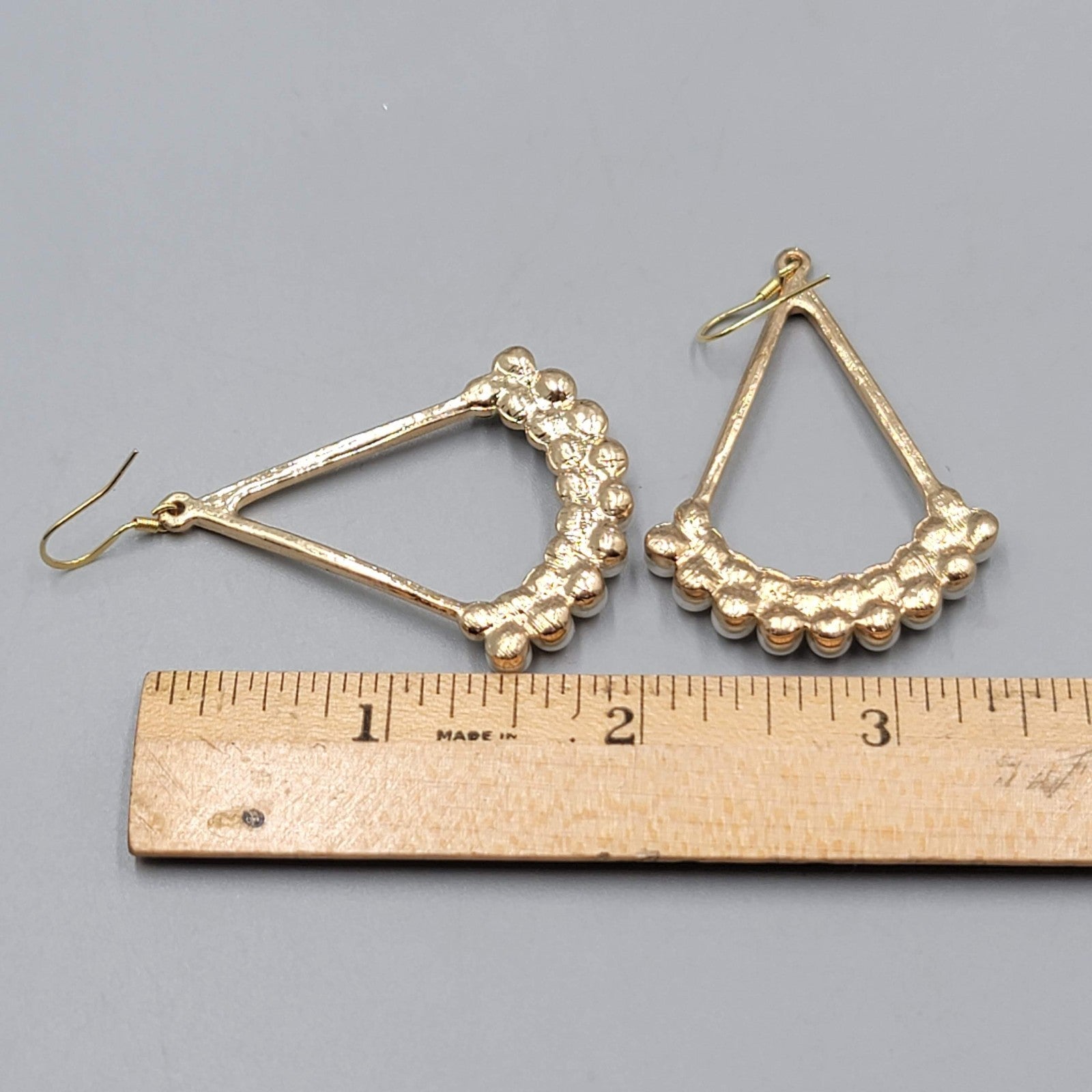 Open Triangle Faux Pearl Rhinestone Pierced Earrings Gold tone Dangle  2"