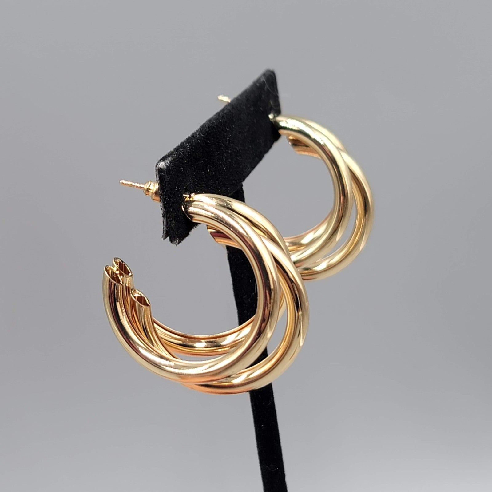 Triple Hoops Pierced Earrings Gold tone Drop 1 1/8 in