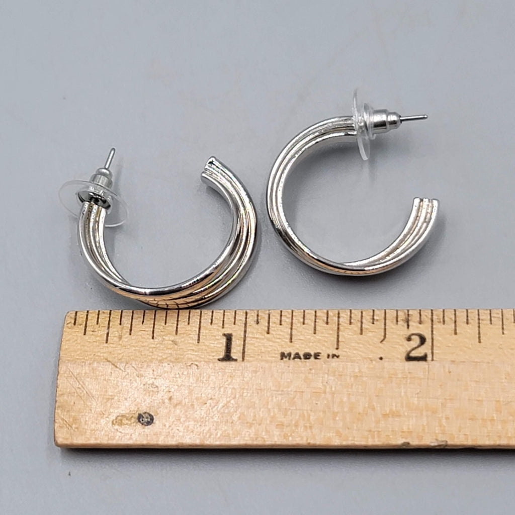 Silver tone Triple Wire Twist Hoop Pierced Earrings Hoops Drop 1"