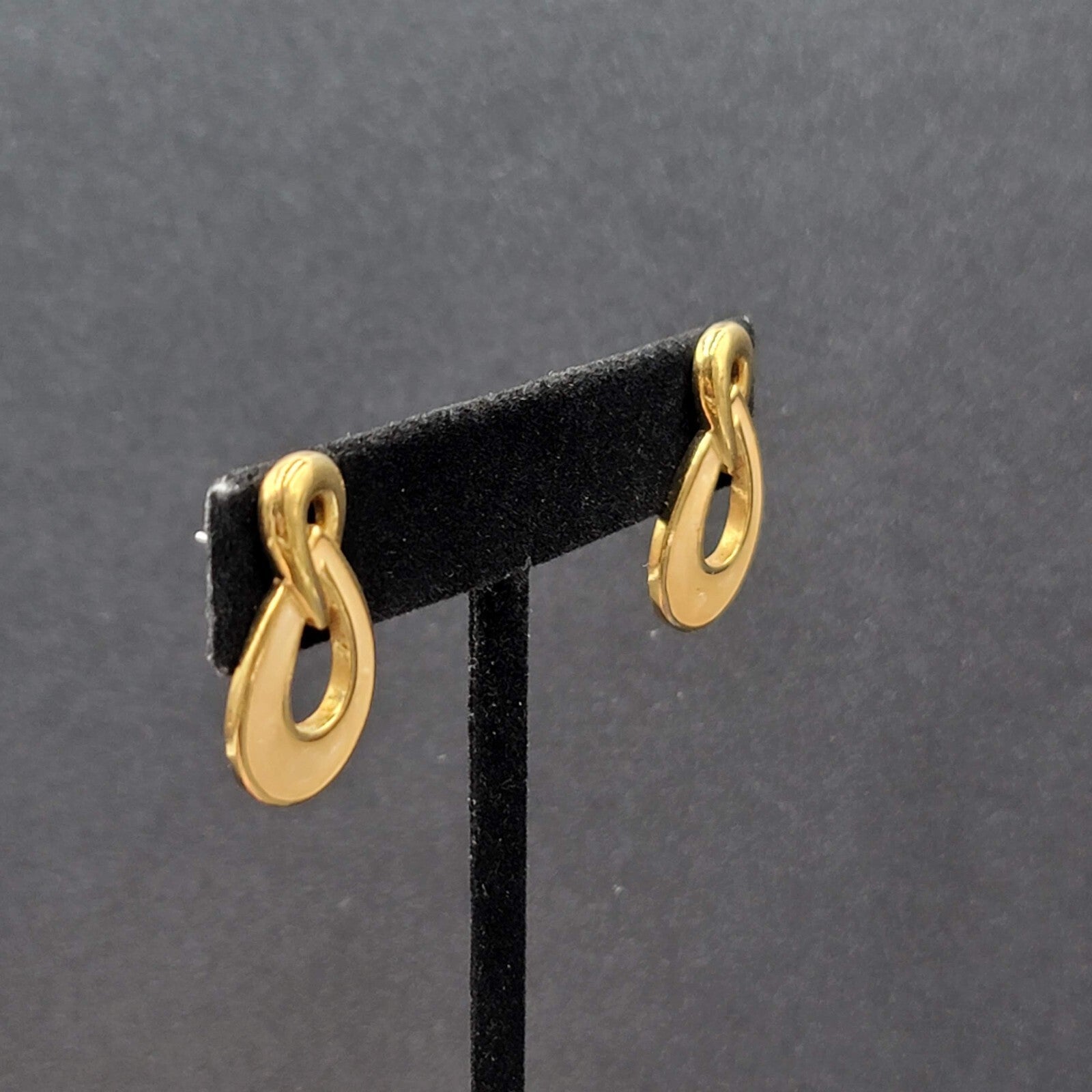 Vintage Pierced Earrings Gold Plated Cream Enamel Drop 1"
