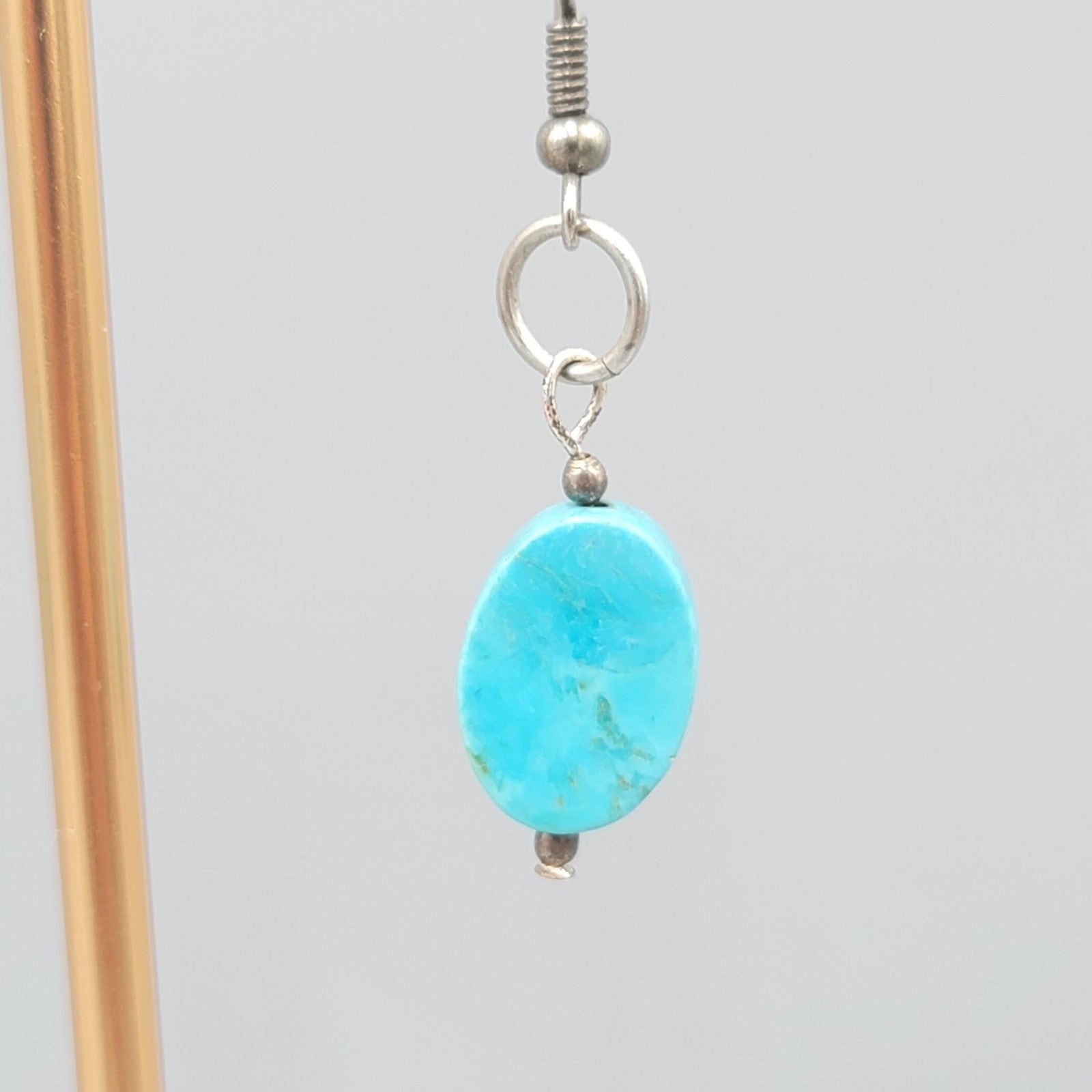 Oval Turquoise Bead Pierced Earrings Silver tone Dangle 1 1/8 in