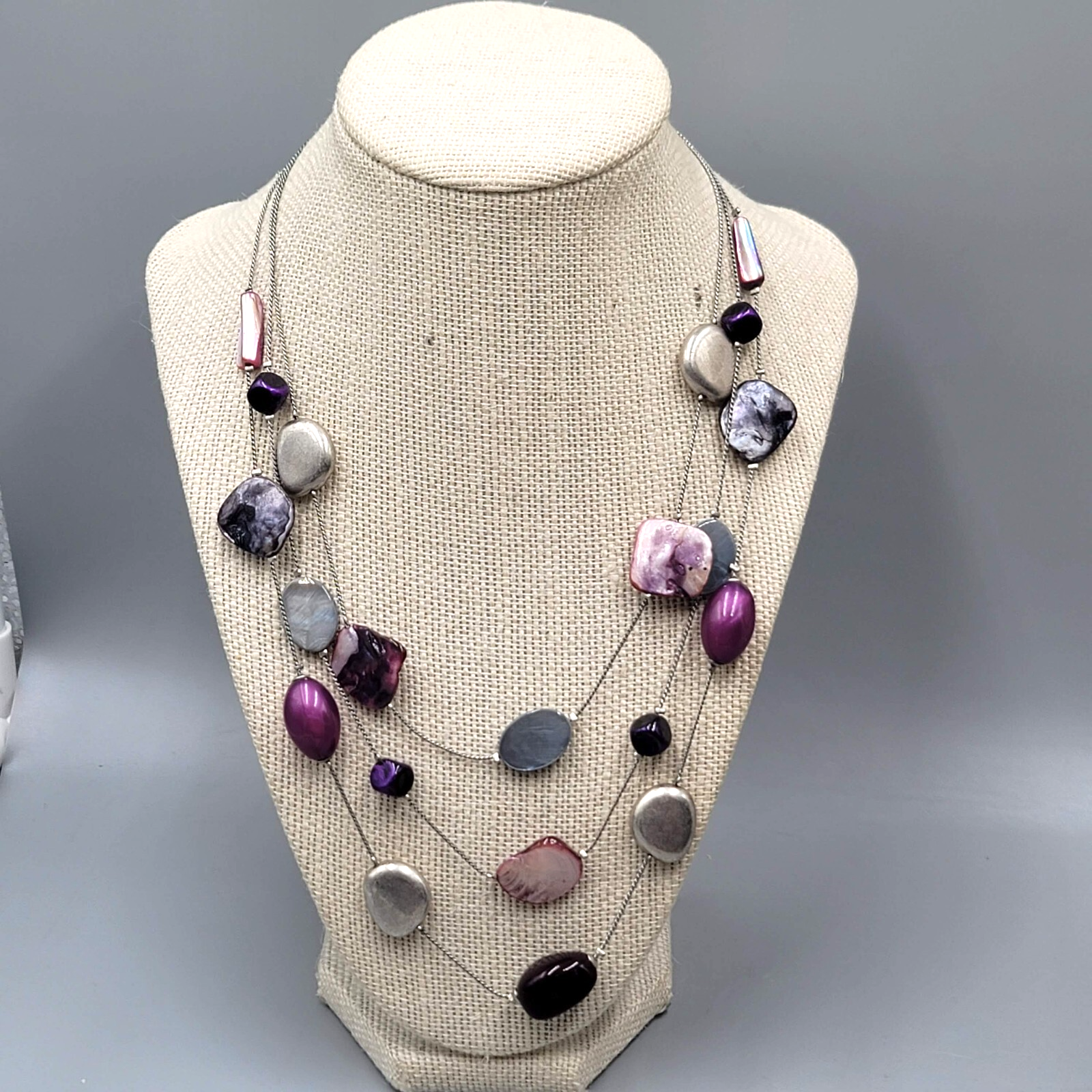 Triple Strand Necklace Purple Gray Shell Station Bead Silver tone  18"