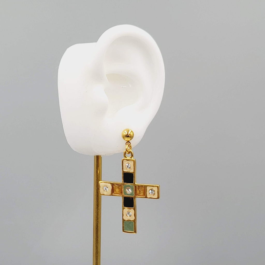 Cross Pierced Earrings Gold Plated Enamel Rhinestone Crystal Dangle 1.75"