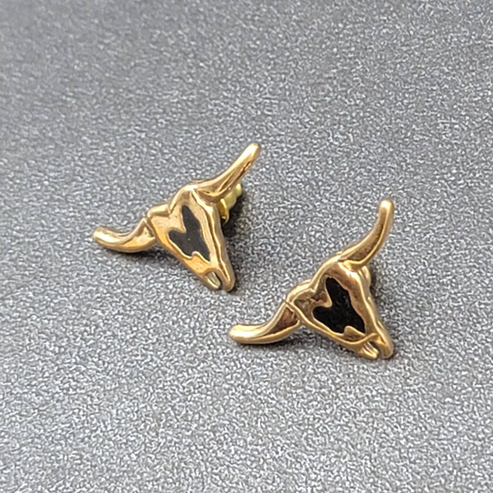 Vintage Pierced Earrings Gold Plated Long Horn Cattle Black Enamel Studs NOS