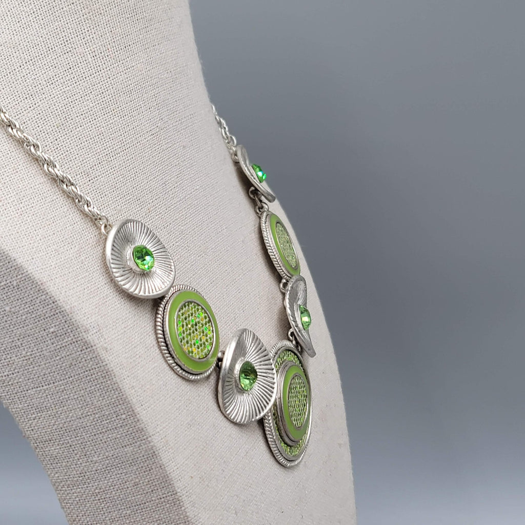 Green Rhinestone Necklace Silver tone Statement Adj 16"-19"
