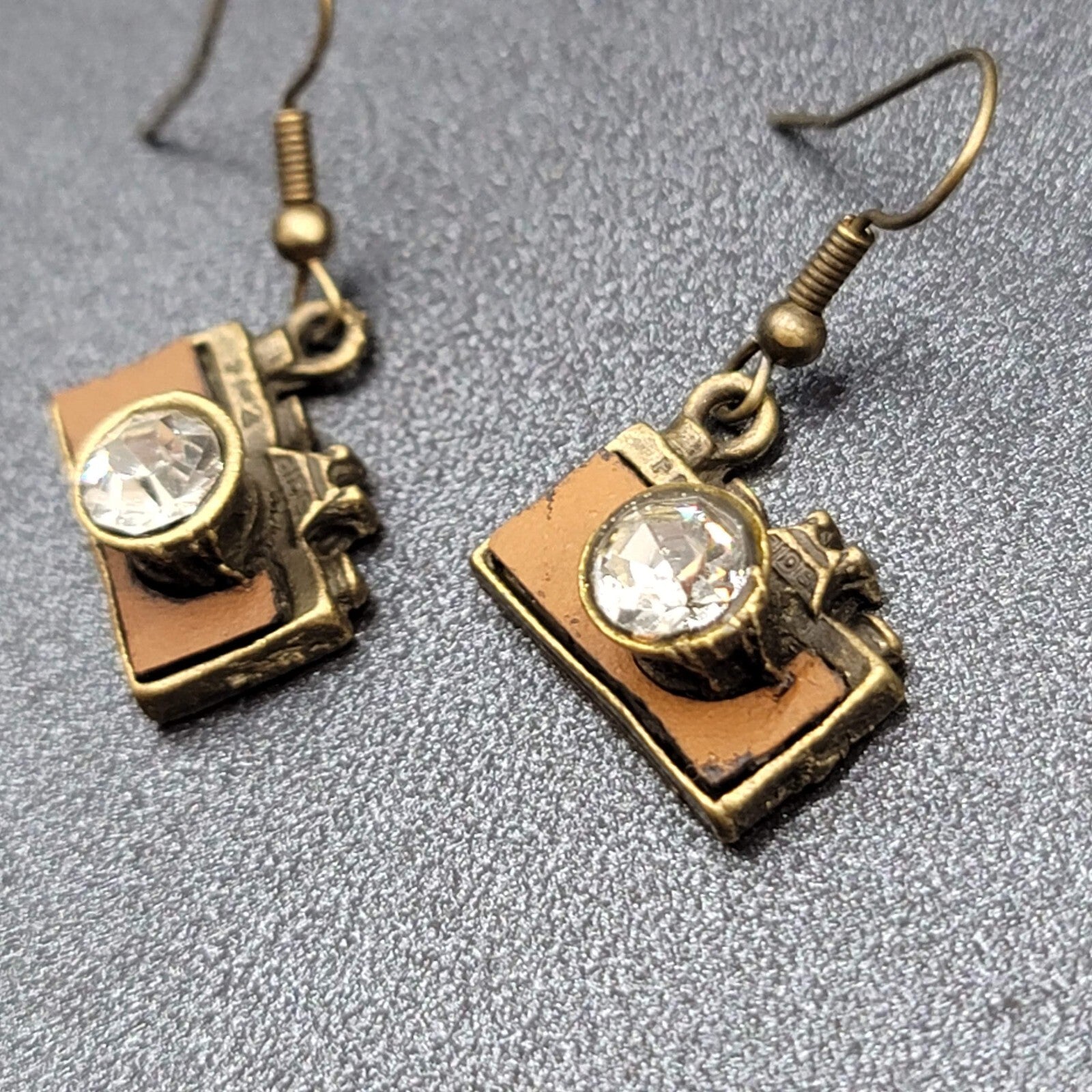New Rhinestone Camera Pierced Earrings Bronze tone Dangle 3/4"