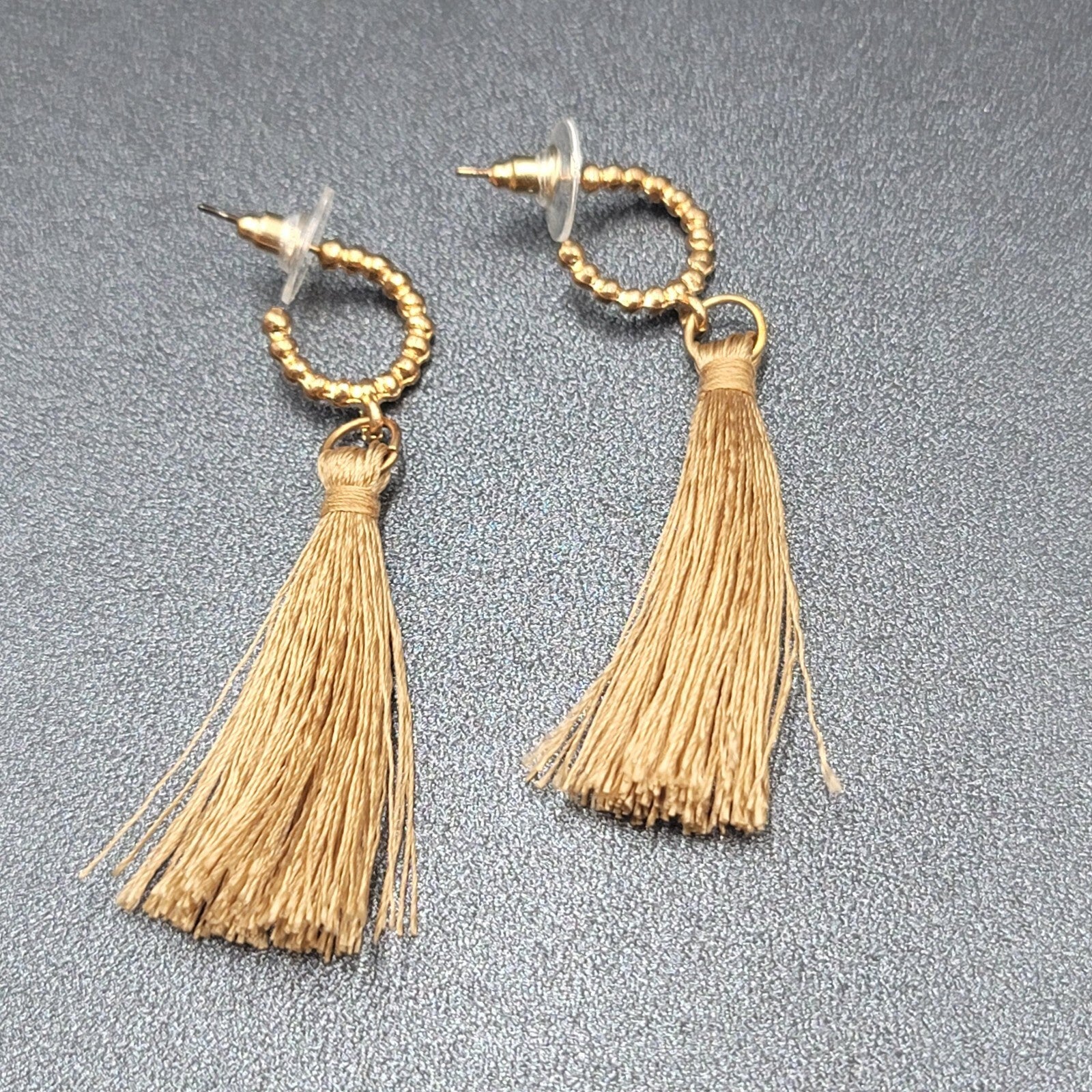 Pierced Earrings Gold Plate Hoops Thread Tassels 2.25"