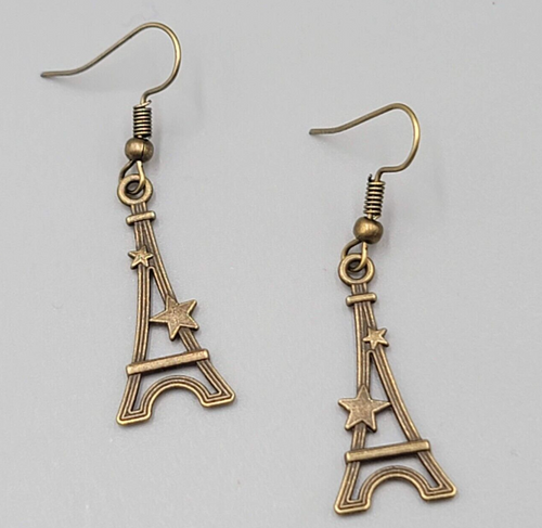 Eiffel Tower Pierced Earrings Bronze tone Stars Dangle NEW 1 1/8"