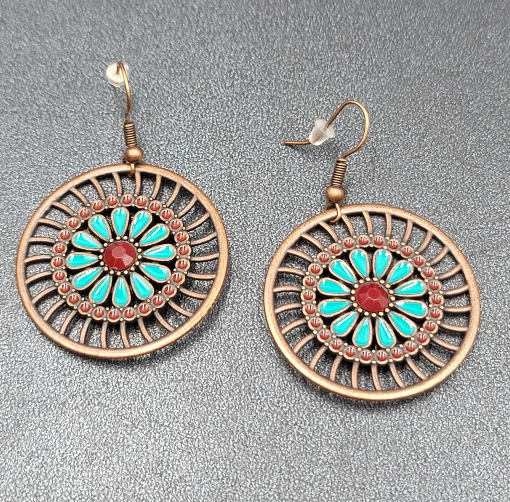 New Boho Pierced Earrings Bronze tone Blue Enamel Round Open Flower Dangle 1.25"