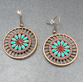 New Boho Pierced Earrings Bronze tone Blue Enamel Round Open Flower Dangle 1.25"
