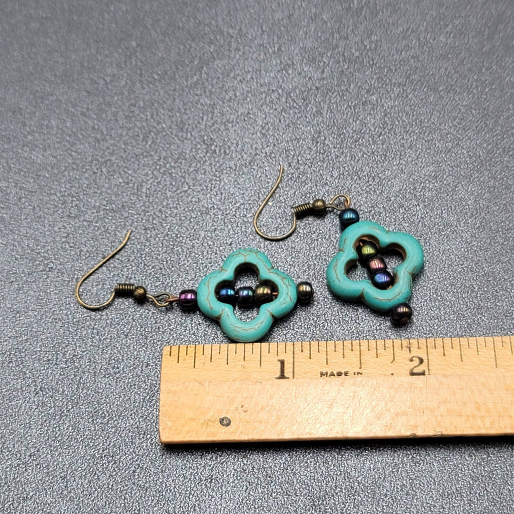 Pierced Earrings Dyed Blue Howlite Open Work Bead Dangle  1 1/8"
