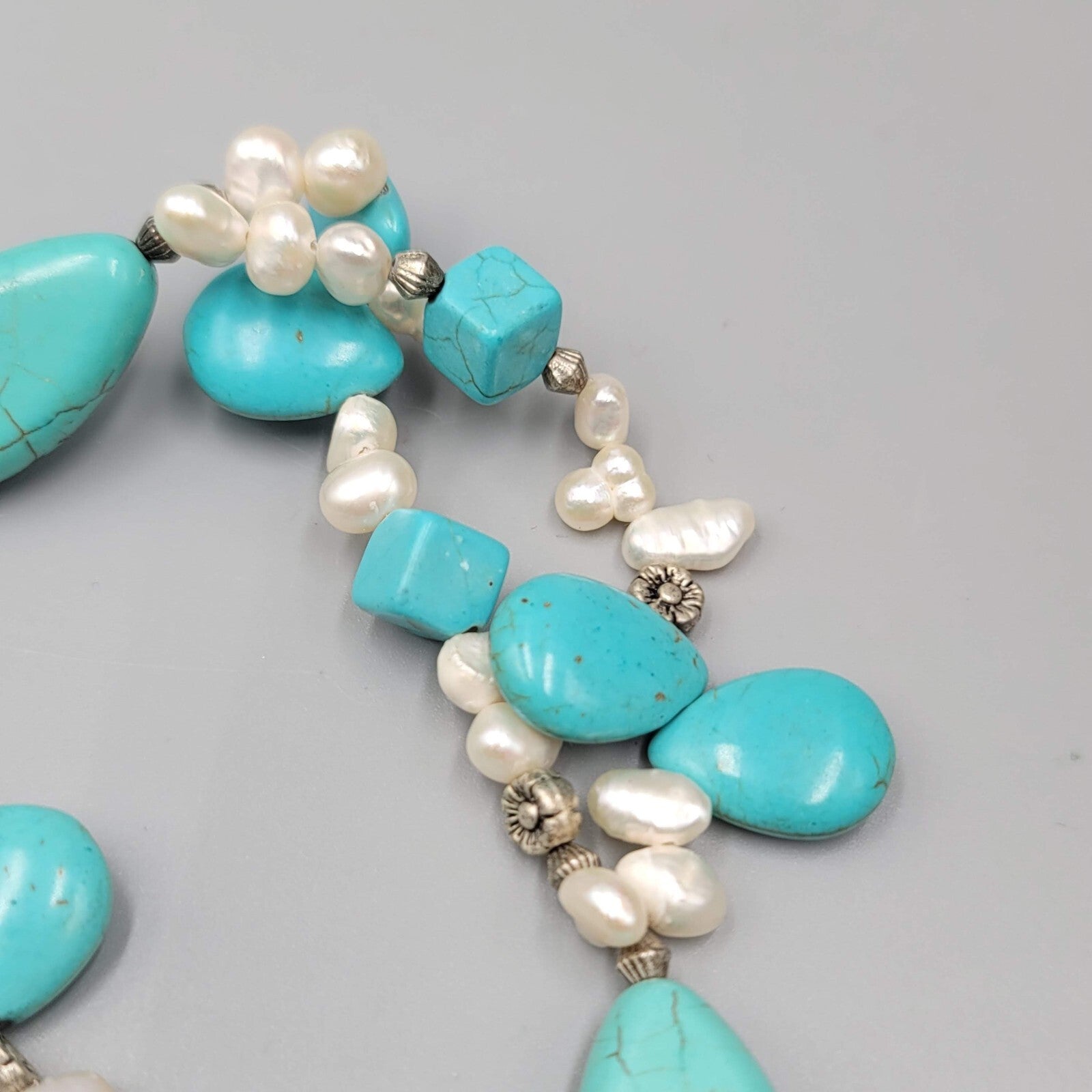 Large Statement Stone Bead Necklace Blue Dyed Howlite Pearl Silver tone Toggle
