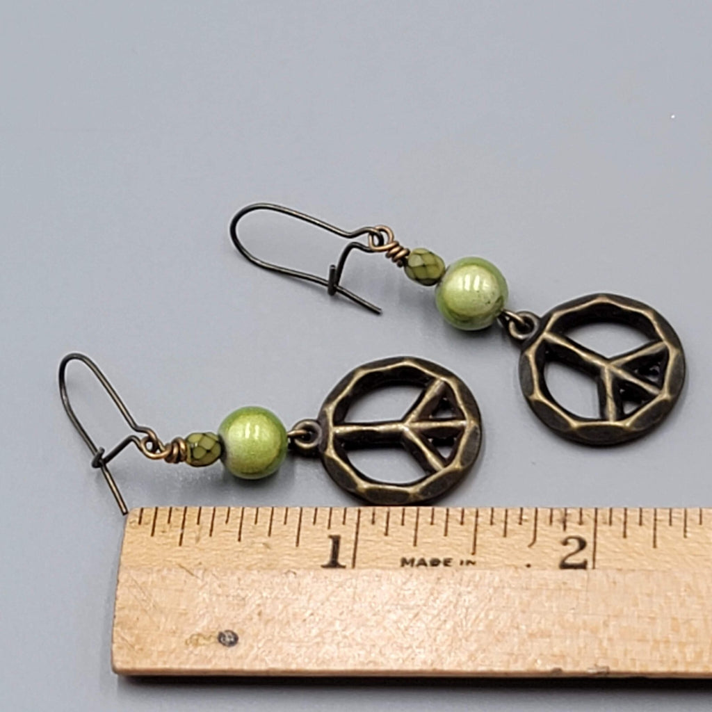 Peace Sign Pierced Earrings Bronze tone Green Bead Dangle 1.5"