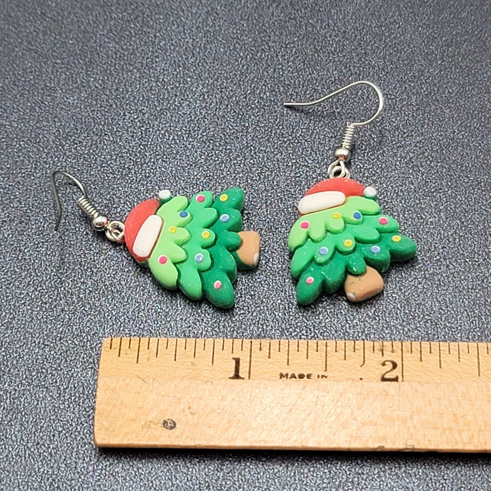Christmas Tree Pierced Earrings Puffy 3D Dangle 1 1/8"