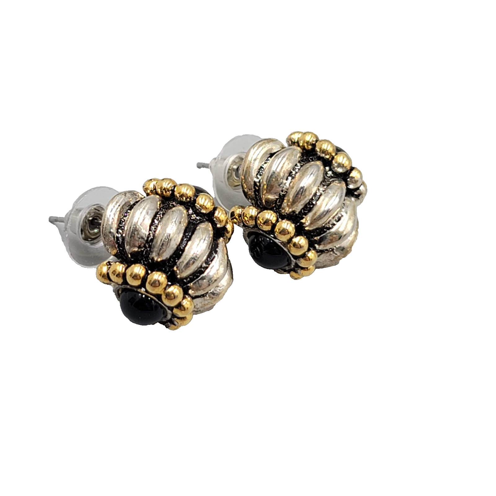 Statement Pierced Earrings Silver and Gold tones Black Bead 3/4 in
