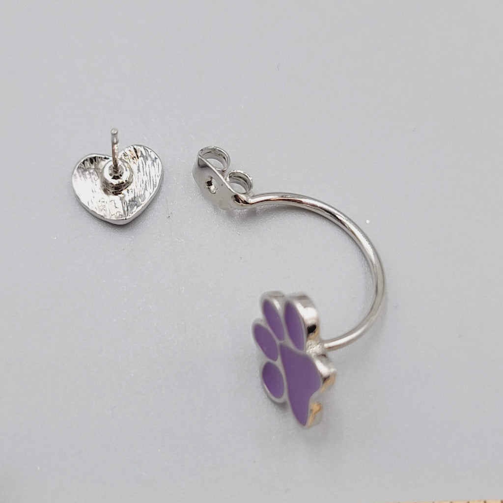 Pierced Earrings Purple Enamel Paw Drop Jacket Silver tone 1.25"