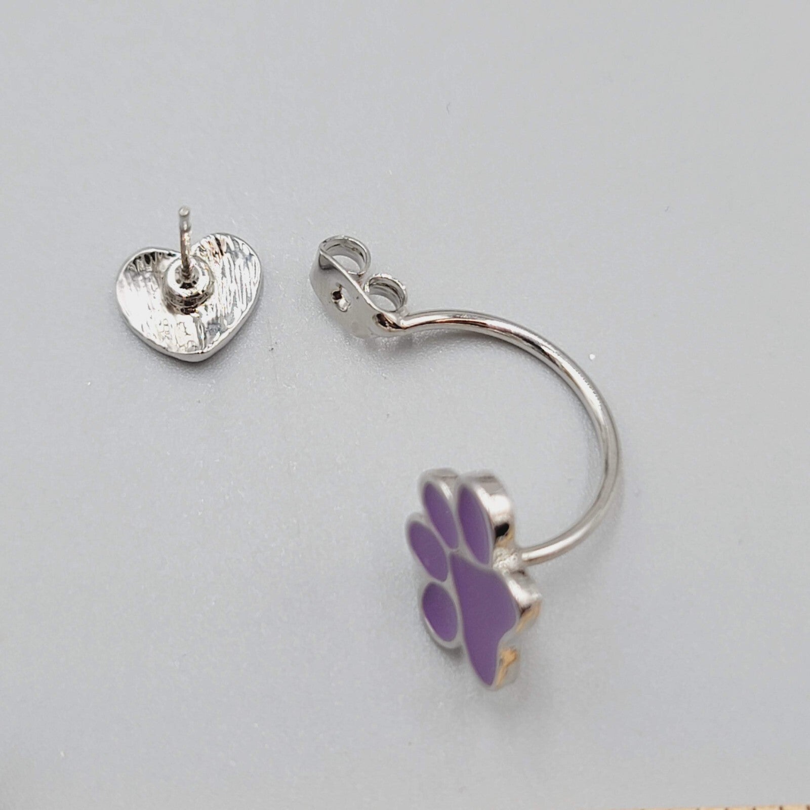 Pierced Earrings Purple Enamel Paw Drop Jacket Silver tone 1.25"