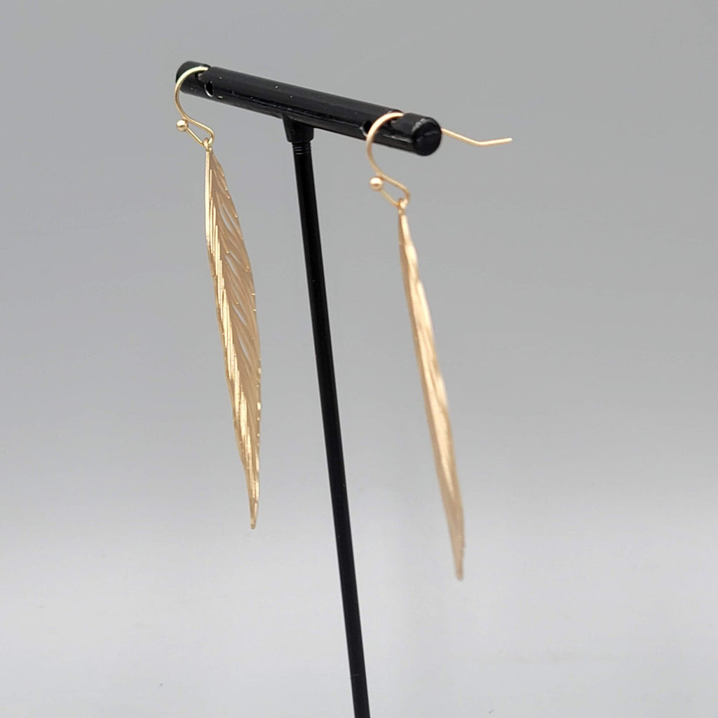 Skeleton Leaf Pierced Earrings Matte Gold tone Large Dangle Statement 2 3/8"