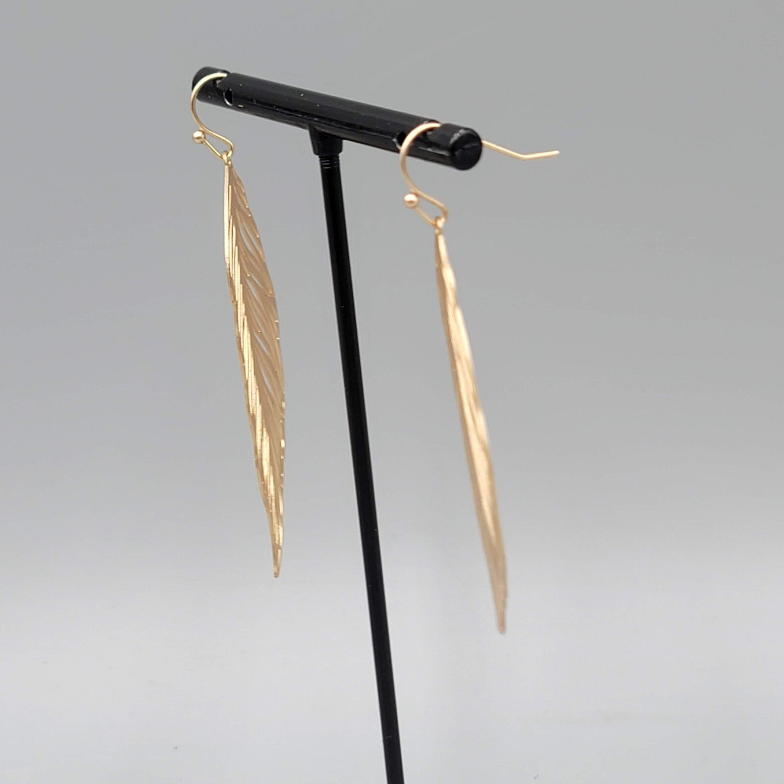 Skeleton Leaf Pierced Earrings Matte Gold tone Large Dangle Statement 2 3/8"