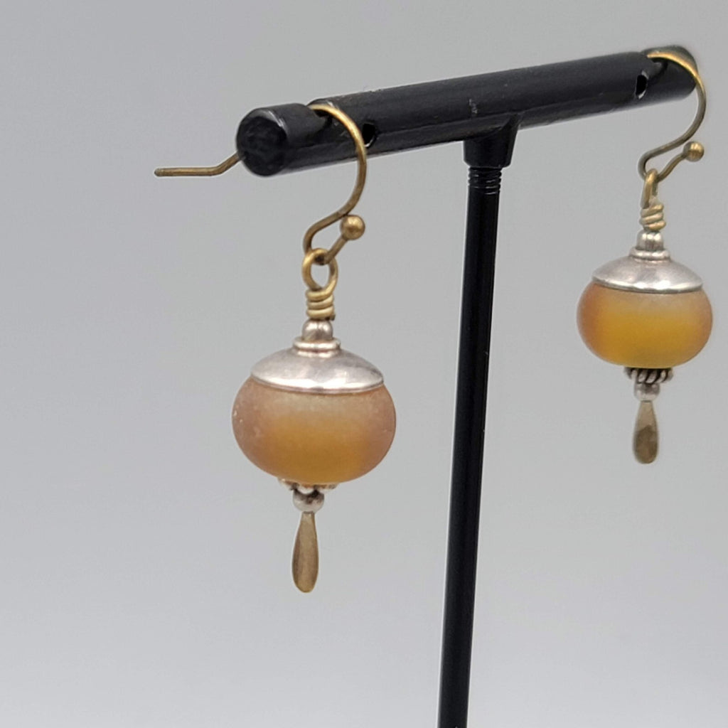 Glass Bead Pierced Earrings Bronze tone & Silver tone Dangle 1"